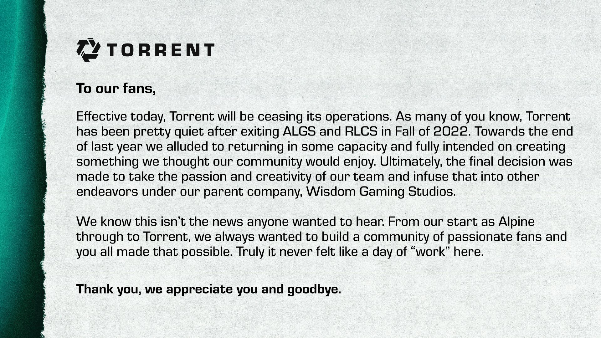 Esports organization Torrent shuts down