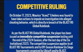 BLAST sanciona a un jugador de Rainbow Six: Siege hasta el final de la temporada 2024 por obstaculizar una investigación sobre trampas.
