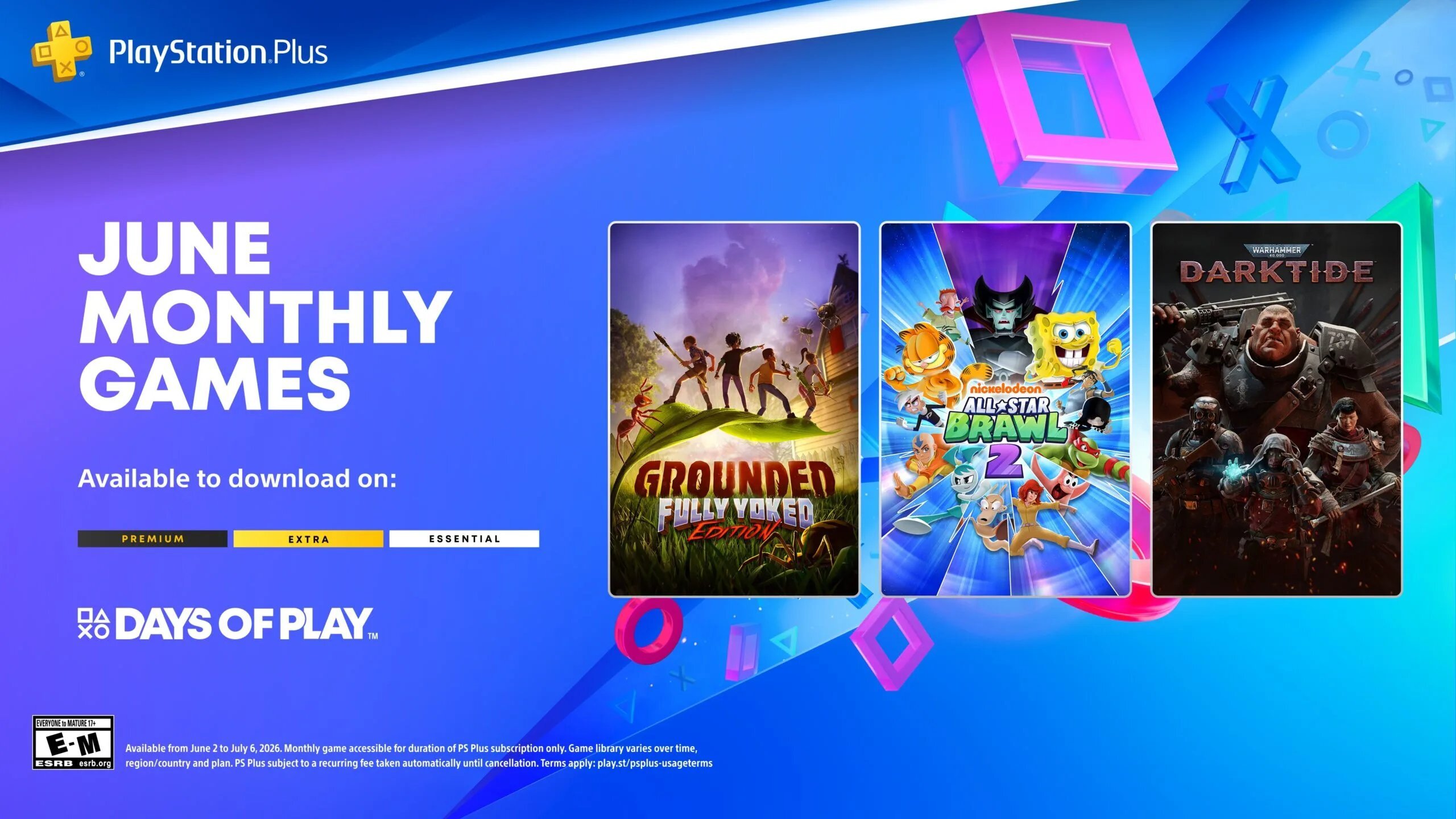 Juegos de PlayStation Plus Essential en junio: Grounded, Nickelodeon All Star Brawl 2 y Warhammer 40,000 Darktide,