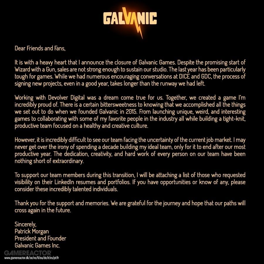 Galvanic Games echa el cierre ocho meses después del lanzamiento de Wizard with a Gun