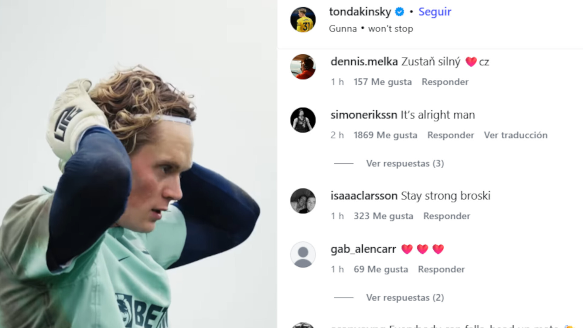 Kinský, portero del Tottenham, recibe miles de mensajes de apoyo en Instagram tras un partido traumático