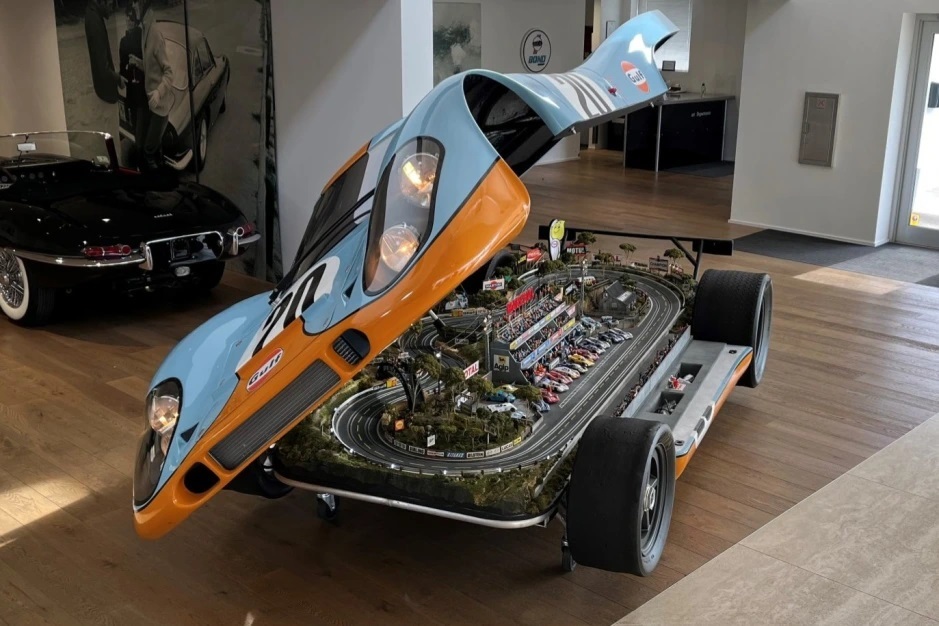 This slot car racing circuit is installed in the Porsche 917 of Le Mans